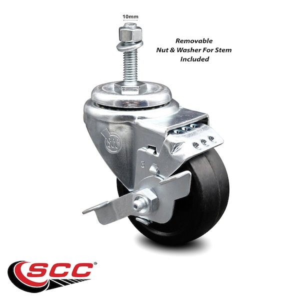 3 Inch Soft Rubber Wheel Swivel 10mm Threaded Stem Caster with Brake SCC
